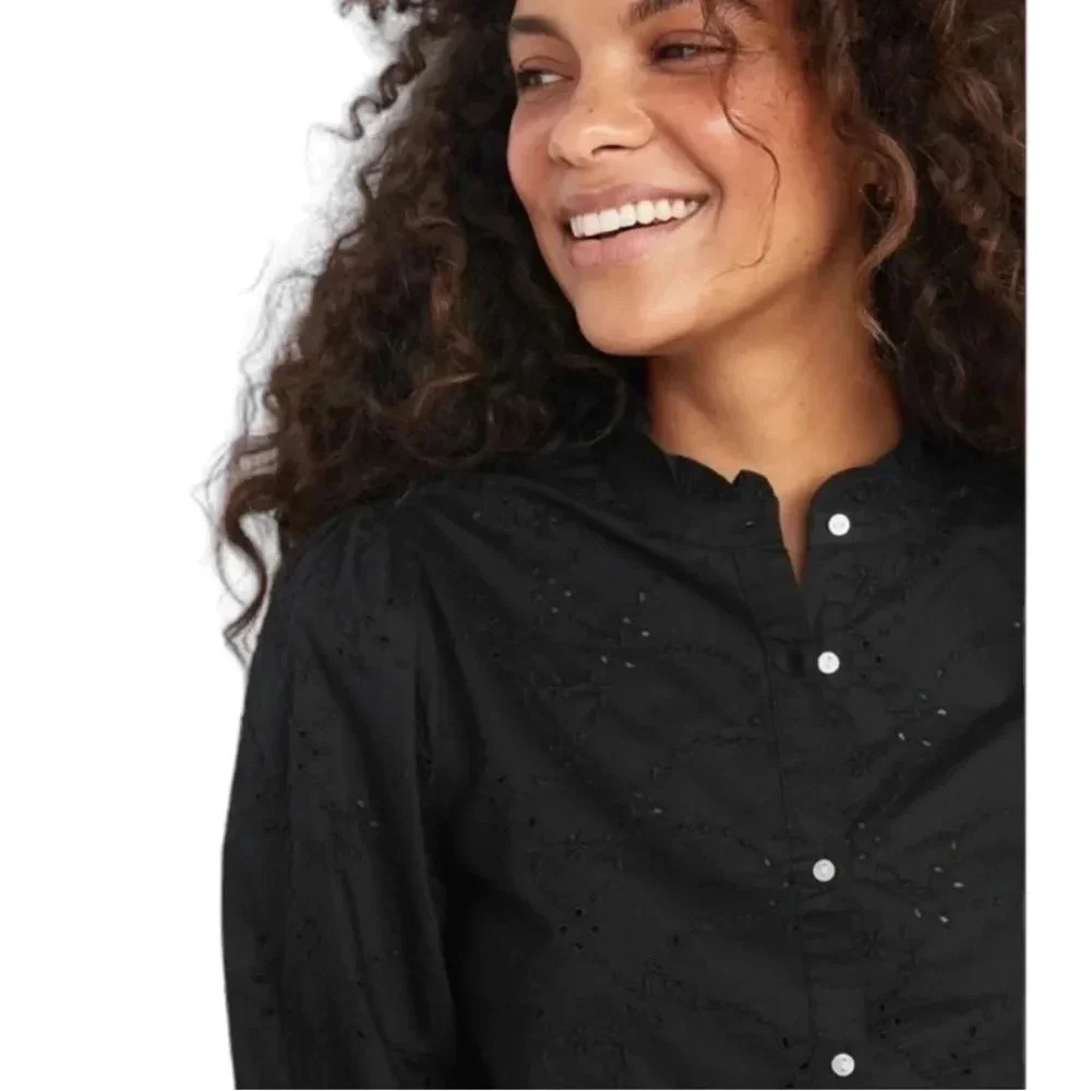 NWT Old Navy Ruffle Neck Black Eyelet Button Down Shirt Top Womens size medium